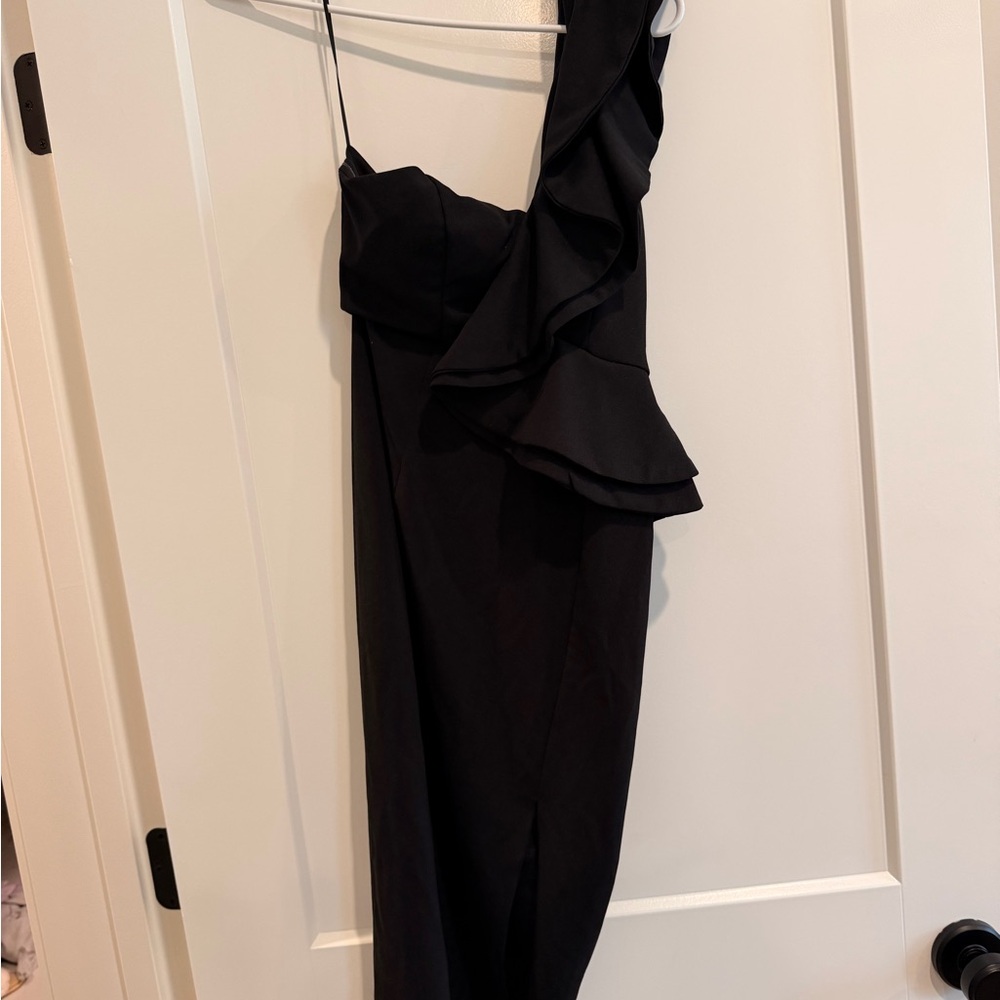 Hello Molly Black One-Shoulder Ruffle Midi Dress